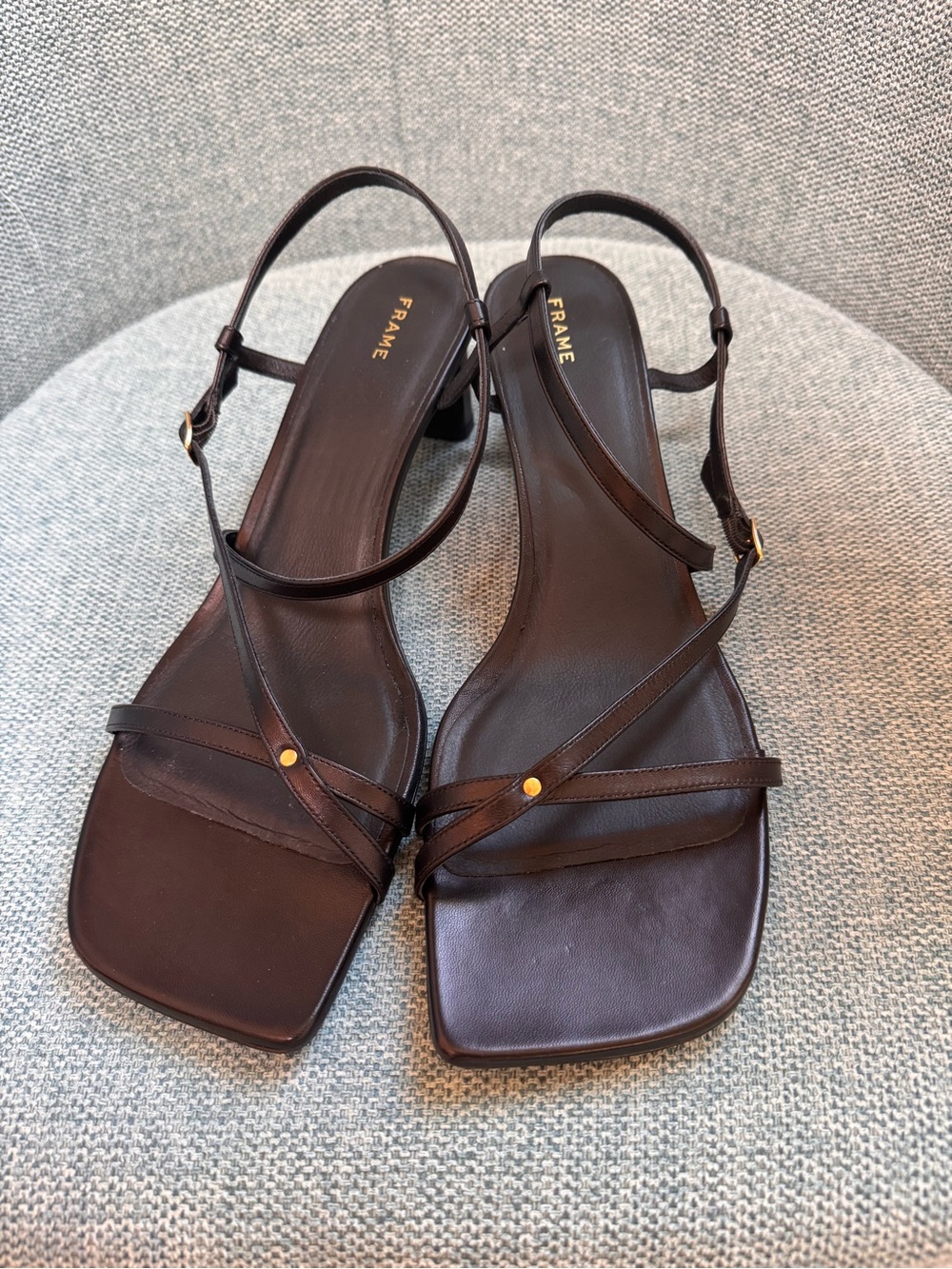 Frame “The Row” Black Leather Strappy Square-Toe Slingback Heels